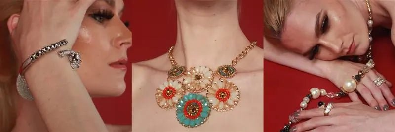 A woman models a necklace and bracelet, showcasing elegant jewelry against a neutral background