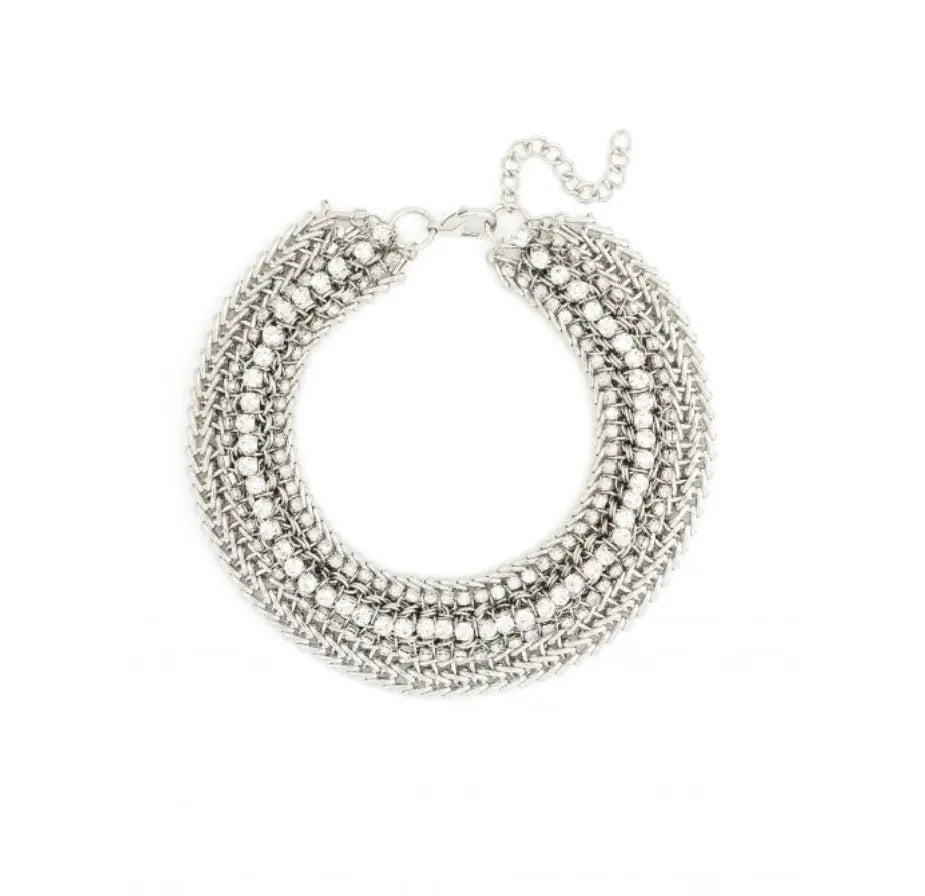 Elegant Cee Woven Chain Bib silver chain necklace with a diamond clasp, ideal jewelry for special occasions