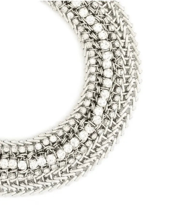 A Cee Woven Chain Bib silver chain necklace featuring a diamond clasp, jewelry for special occasions