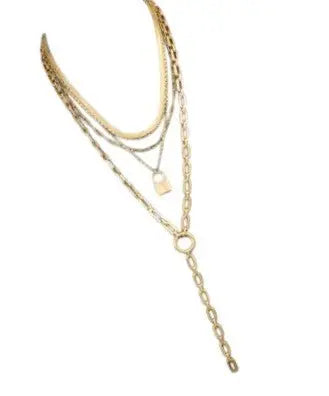 Women's statement necklace: a gold chain adorned with a lock, showcasing the Devon Layered Chain design.