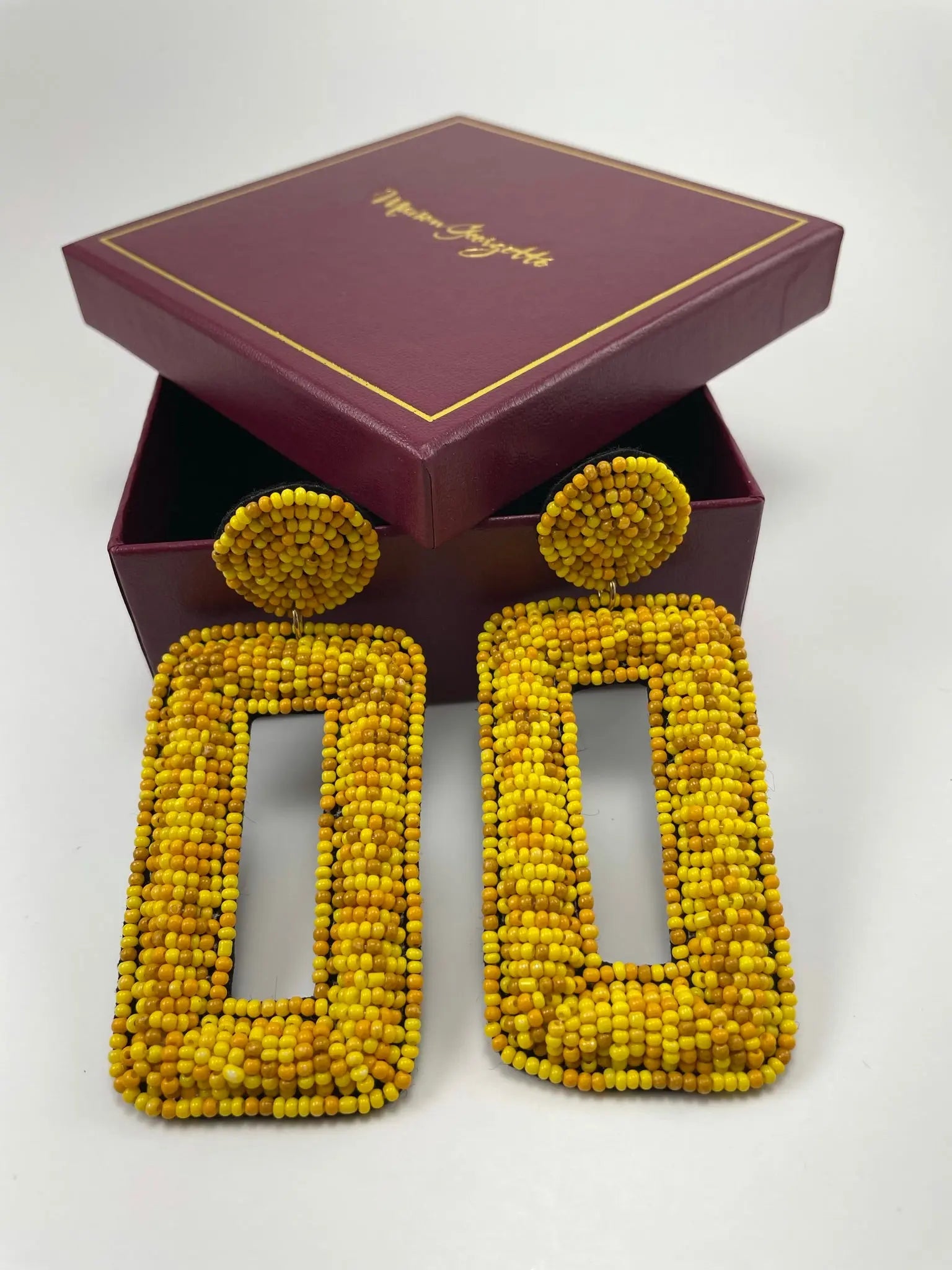 Caroline Square Earring luxury women's earrings, featuring yellow beads, beautifully presented in box.