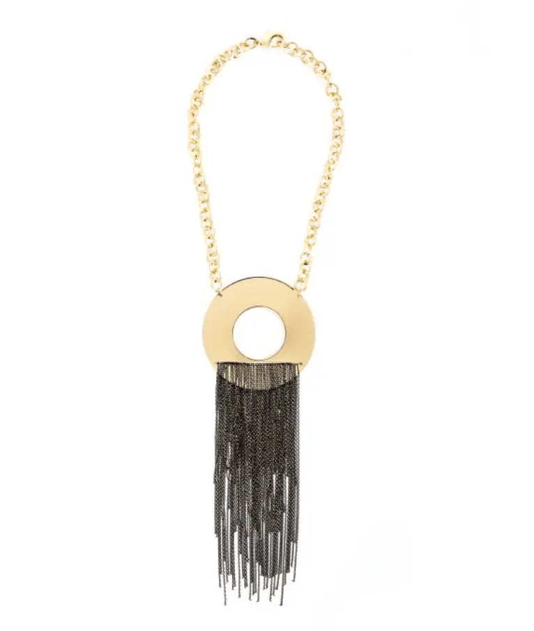 Women's statement necklace Sunrise Fringe Necklace, showcasing a black and gold design with round disc & chain.