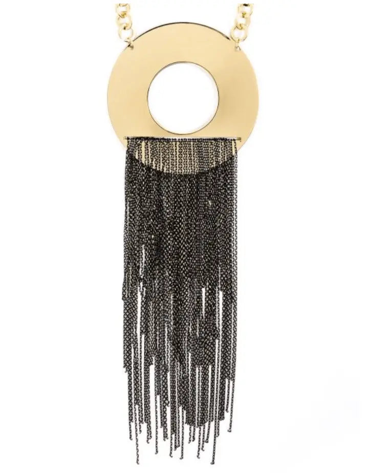 Women's statement necklace Sunrise Fringe Necklace, showcasing a black and gold design chain.